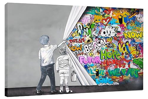 Kunstbruder Bilder Banksy Leinwandbild Kunstdruck XXL, 2 boys behind curtain - zwei jungs hinter gardinnen- fertig auf Keilrahmen Design Wand bild Street Art,Wohnzimmer (30x40 cm) von Kunstbruder