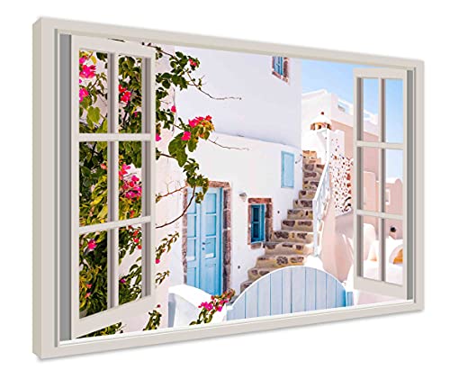 Kunstbruder Bilder Fensterblick Leinwandbild - Blick aus dem Fenster zu Strand Meer und Himmel - Abstrakt Landschaft Wandbild Berge Natur Maritim Insel, (div. Formate) (40x60 cm, Santorini) von Kunstbruder