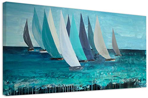 Kunstbruder Bilder auf Leinwand Segelboot Türkis, fertig zum Aufhängen, Leinwanddruck Sailboat- Kunstdruck Moderne Wandbilder, Kunst von Kölner Künstlerin (div.Formaten) (40x100 cm) von Kunstbruder