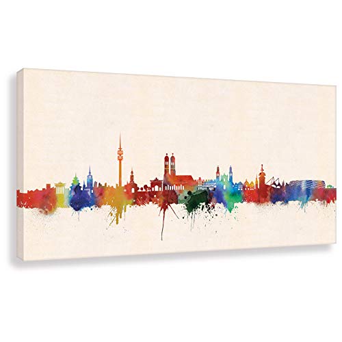Kunstbruder Münchener Skyline - Farbe 70x140cm - by Stadt München Kunstdruck 2cm (div. Varianten/Größen)- Leinwandbild Wandbild/fertig aufgespannt/fertig zum aufhängen von Kunstbruder