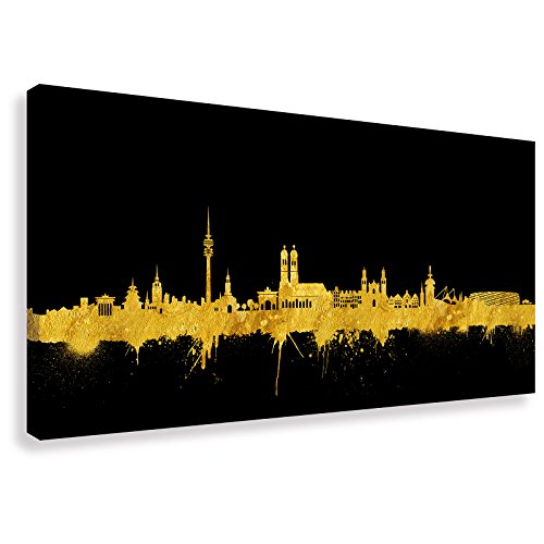 Kunstbruder Münchener Skyline - Schwarz/Gold 60x120cm - by Stadt München Kunstdruck 2cm (div. Varianten/Größen)- Leinwandbild Wandbild/fertig aufgespannt/fertig zum aufhängen von Kunstbruder