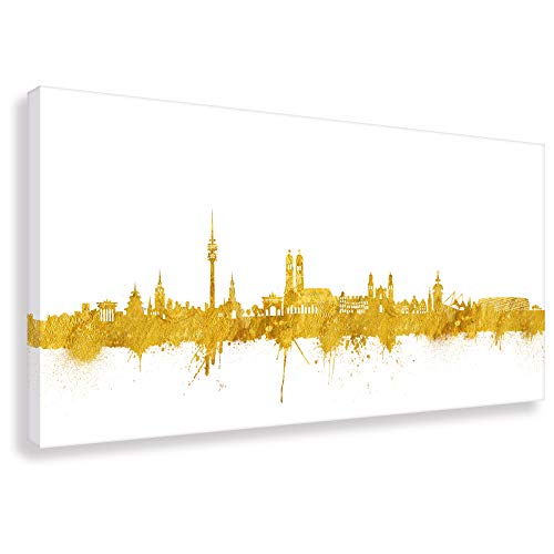 Kunstbruder Münchener Skyline - Weiß/Gold 50x100cm - by Stadt München Kunstdruck 2cm (div. Varianten/Größen)- Leinwandbild Wandbild/fertig aufgespannt/fertig zum aufhängen von Kunstbruder