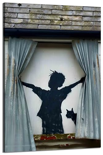 Kunstbruder - Wandbild Banksy junge mit Katze hochkant, Streetart bilder Kunstdruck graffiti bild, Wanddekoration Leinwandbild, fertig zu Aufhängen (40x60 cm) von Kunstbruder
