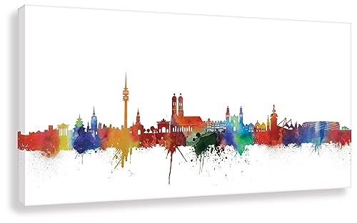 Kunstbruder Wandbild München Skyline Stadt WEISS by DiChyk (div. Größen) - Kunst Druck auf Leinwand - Bild fertig auf Keilrahmen ! Graffiti Banksy Bilder (80x160 cm) von Kunstbruder