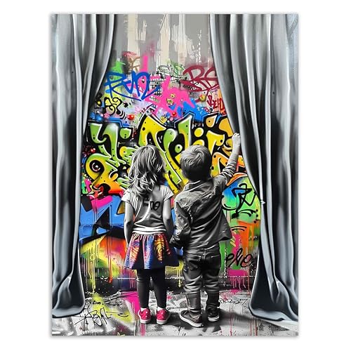 Kunstbruder Wandbilder Banksy berühmte Motive Kinder Graffiti - Komplett Aufhängefertig, Street graffiti art, moderne Leinwand Mood bilder (100x130 cm) von Kunstbruder