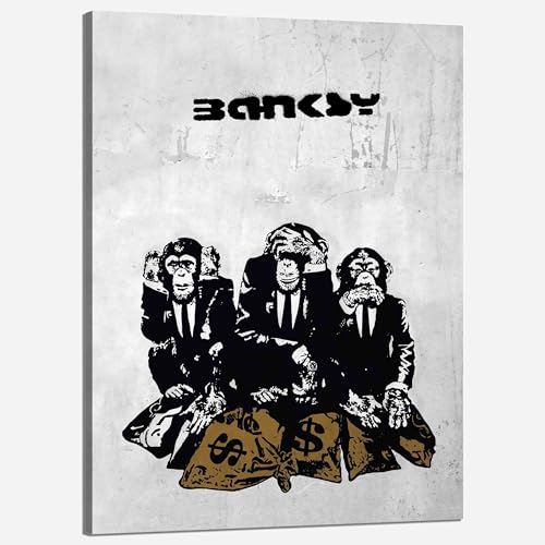 Kunstbruder Wandbilder Banksy berühmte Motive - Komplett Aufhängefertig, Street graffiti art, moderne Leinwand Mood bilder (dreiaffengrau, 50x70 cm) von Kunstbruder