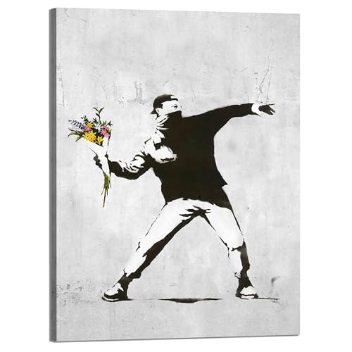 Kunstbruder Wandbilder Banksy berühmte Motive - Komplett Aufhängefertig, Street graffiti art, moderne Leinwand Mood bilder (flowerriotgrau, 50x70 cm) von Kunstbruder