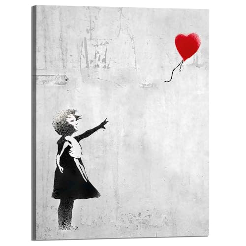 Kunstbruder Wandbilder Banksy berühmte Motive - Komplett Aufhängefertig, Street graffiti art, moderne Leinwand Mood bilder (girlwithheartgrau, 80x120 cm) von Kunstbruder