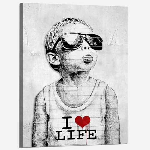 Kunstbruder Wandbilder Banksy berühmte Motive - Komplett Aufhängefertig, Street graffiti art, moderne Leinwand Mood bilder (ilovelifegrau, 80x120 cm) von Kunstbruder