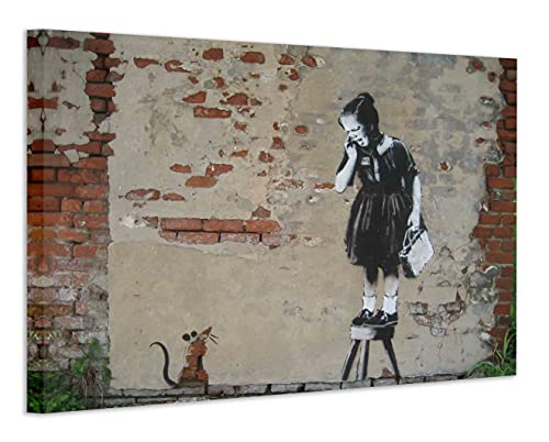 Kunstbruder moderne Banksy Bilder auf Leinwand - Girl and Rat - Wandbild für Wohnzimmer, kinderzimmer I Wand deko graffiti street art, ferig zum aufhängen (20x30 cm) von Kunstbruder