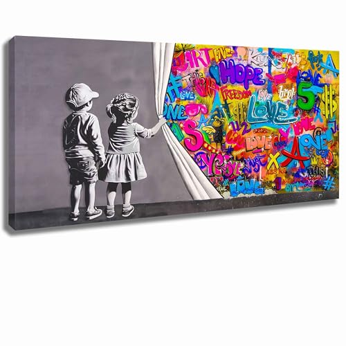 Wandbild Banksy Graffiti Streetart, Leinwandbild Bilder für Wohnzimmer kunst 2 Kinder Vorhang fertig zum aufhängen von Kunstbruder