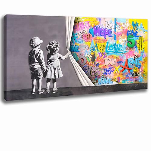 Wandbild Banksy Graffiti Streetart, Leinwandbild Bilder für Wohnzimmer kunst 2 Kinder Vorhang fertig zum aufhängen von Kunstbruder