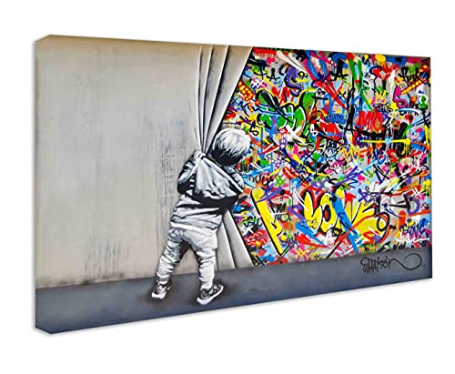 Wandbilder Bilder Banksy like - Junge hinter dem Vorhang - Wandbild auf Leinwand, hochwertige Streetart graffiti Kunstdruck I Wanddekoration XXl fertig zum Aufhängen (100x150 cm) von Kunstbruder