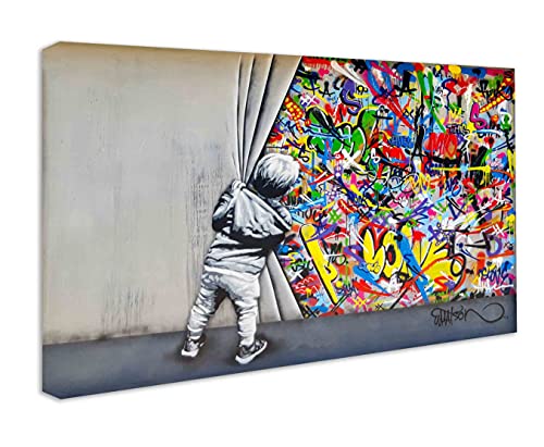 Wandbilder Bilder Banksy like - Junge hinter dem Vorhang - Wandbild auf Leinwand, hochwertige Streetart graffiti Kunstdruck I Wanddekoration XXl fertig zum Aufhängen (20x30 cm) von Kunstbruder