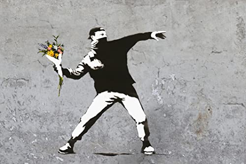 blumenwerfer banksy Bilder quer Grau- hochwertige Wandbilder, Streetart graffiti Kunstdruck I Wanddekoration, XXl Leinwandbilder I fertig zum Aufhängen (100x150 cm) von Kunstbruder