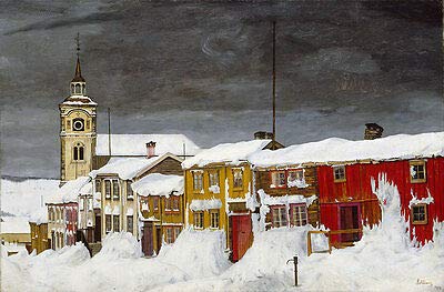 Kunstdruck Street in Roros in Winter Harald Sohlberg Schnee Kirche Städte Häuser B A3 02214 von Kunstdruck