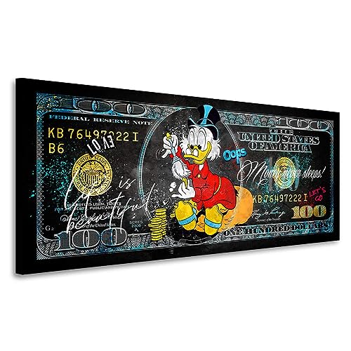 Kunstgestalten24 Dagobert Pop Art Leinwandbild – Dollar Design mit „Money Never Sleeps“ – Street Art Wandbild für Büro Wohnzimmer oder Gaming Room – Moderne Geld Deko 125x50x4cm von Kunstgestalten24