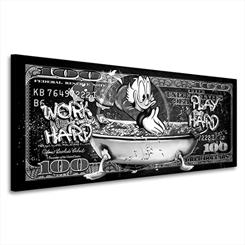 Kunstgestalten24 Leinwand Bild Dagobert Duck Work Hard Black and White Pop Art Wandbild Kunstdruck Raum- u. Wanddeko von Kunstgestalten24