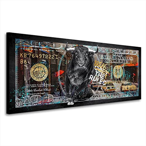 Kunstgestalten24 Leinwandbild 100 Dollar Stier Bulle New York Rules Wandbild Kunstdruck Raumdekoration XXL von Kunstgestalten24