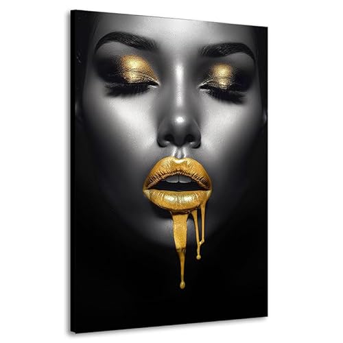 Kunstgestalten24 Leinwandbild Frau mit schönen goldenen Lippen in schwarz weiss Raum- u. Wanddekoration von Kunstgestalten24