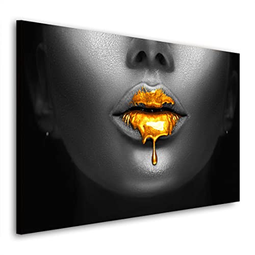 Kunstgestalten24 Leinwandbild Goldene Lippen Wandbild Kunstdruck Loung Dekoration Übergrößen von Kunstgestalten24