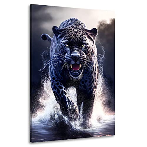 Kunstgestalten24 Leinwandbild Schwarzer Leopard im Wasser Tier Natur Bild Kunstdruck Raum Wand Dekoration von Kunstgestalten24