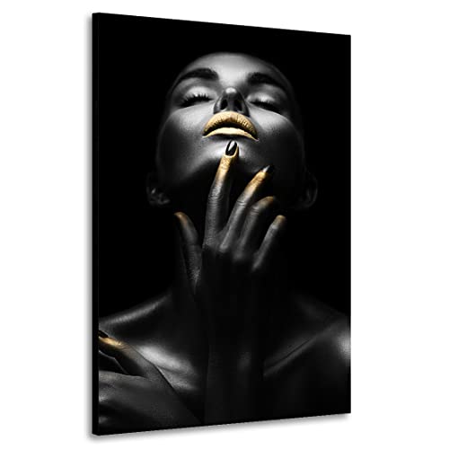 Kunstgestalten24 Leinwandbild Sensual Dark Woman Gold Lips Wandbild Kunstdruck Foyer Deko XXL von Kunstgestalten24