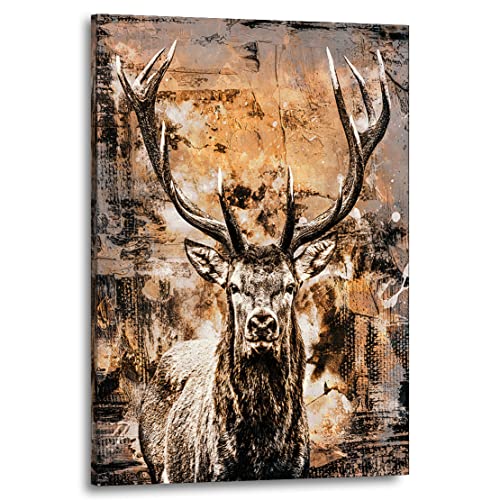 Kunstgestalten24 Leinwandbild Tier Wandbild Hirsch Vintage Abstrakt Kunstdruck Raum- u. Wanddekoration Übergrößen von Kunstgestalten24