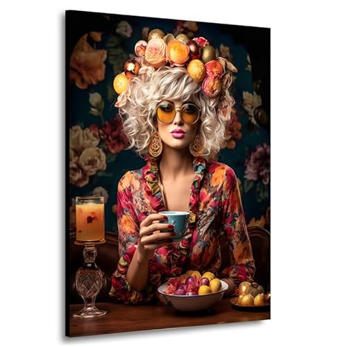 Kunstgestalten24 Wandbild Flower Power Frau Bohemian Blumen Esszimmer Bild auf Leinwand Kunstdruck Wanddeko von Kunstgestalten24