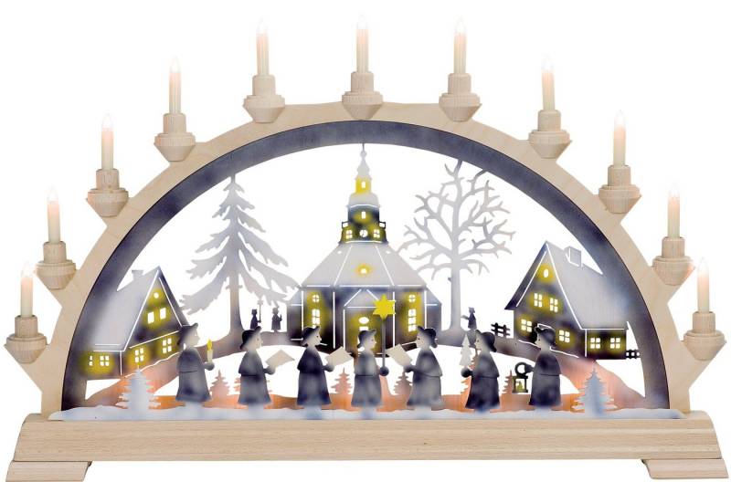 Kunstgewebe Taulin Schwibbogen Taulin Lichterbogen Seiffener Kirche - mit Vorbel., Handarbeit aus dem Erzgebirge von Kunstgewebe Taulin