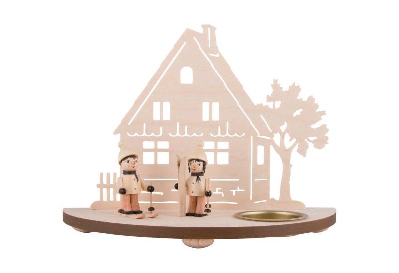 Kunstgewebe Taulin Schwibbogen Teelichtleuchter Waldhütte mit Skifahrer (16cm) von Kunstgewerbe Tauli von Kunstgewebe Taulin