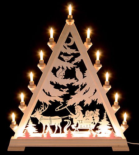 Kunstgewerbe Taulin 16 Kerzen Nikolaus mit Schlitten - 66 cm, Weihnachten, Weiß, Paraffinwachs, Unparfümiert, Kerze, Kandelaber, Rechteckig, Indoor, Charakter, Mit Vorbeleuchtung von Kunstgewerbe Taulin
