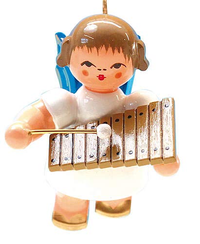 Kunstgewerbe Uhlig Christbaumschmuck Engel mit Xylophon - Blaue Flügel - schwebend - 5,5 cm von Kunstgewerbe Uhlig