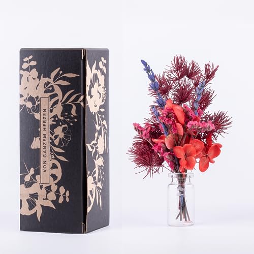 Kunstharz.Art Kleines Blumen Geschenk mit Vase und Geschenkverpackung - Trockenblumenstrauß in Mini als kleines Dankeschön Geschenk (B2 Rot) von Kunstharz.Art