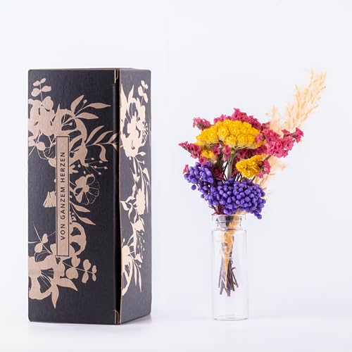 Kunstharz.Art Kleines Blumen Geschenk mit Vase und Geschenkverpackung - Trockenblumenstrauß in Mini als kleines Dankeschön Geschenk (B5 Bunt) von Kunstharz.Art