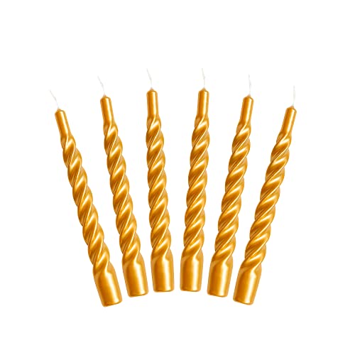 Candles with a Twist®, Stabkerzen gedreht, Hergestellt in Italien, 25 Farben verfügbar, Tafelkerzen lackiert, Spiralkerzen lange Brenndauer 5 Stunden, Kerzen Deko, 6 Stück, 2,2 x 21cm (Gold) von Kunstindustrien