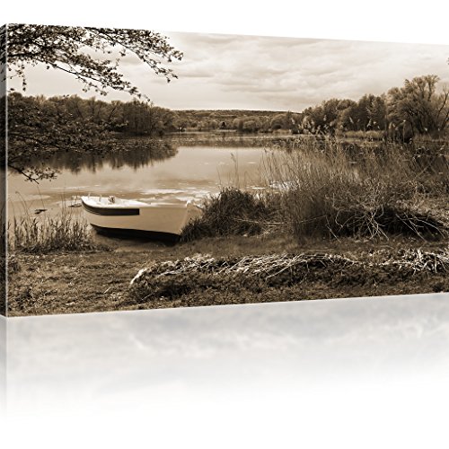 Kunstlab Leinwanddruck Ruderboot angeschwemmt auf einem See Wandbild Landschaft Bild auf Leinwand - 120x70 cm 1-Teilig: Sepia von KL KUNSTLAB