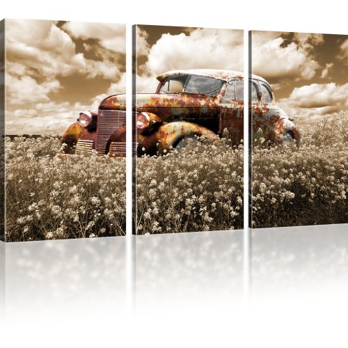 KL KUNSTLAB Rostiger Oldtimer Bild auf Leinwand Auto Leinwandbild Wiese Wandbild - 135x80 cm 3-Teilig: Sepia von KL KUNSTLAB