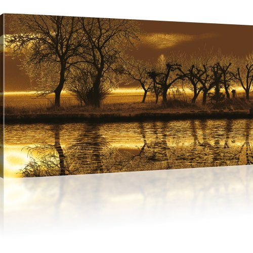 Kunstlab Wandbilder Landschaft Bild auf Leinwand See Leinwandbild Baum - 100x55 cm 1-Teilig: Gold von Kunstlab