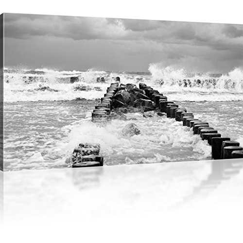 Wellenbrecher Bild auf Leinwand Sturm Kunstdruck Meer Leinwandbild - 80x45 cm 1-Teilig: Schwarz-weiss von Kunstlab
