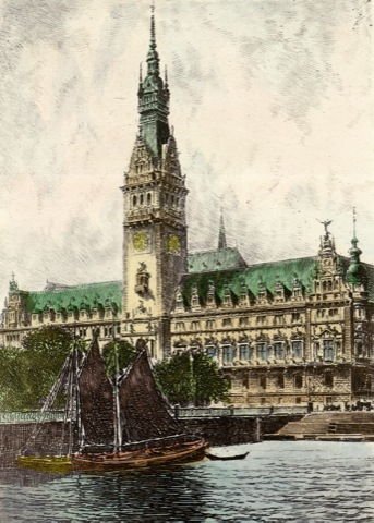 Handkolorierte Radierung Hamburg, Rathaus als loses Blatt von Kunstverlag Christoph Falk