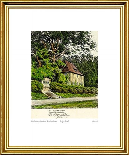 Kunstverlag Christoph Falk Handkolorierte Radierung Weimar, Goethes Gartenhaus im Rahmen Goldkehle von Kunstverlag Christoph Falk