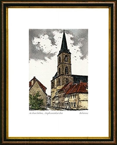 Kunstverlag Christoph Falk Handkolorierte Radierung Aschersleben, Stephaniekirche im Rahmen Braun-Gold von Kunstverlag Christoph Falk