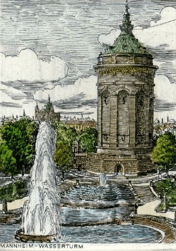 Kunstverlag Christoph Falk Handkolorierte Radierung Mannheim, Wasserturm als Loses Blatt von Kunstverlag Christoph Falk