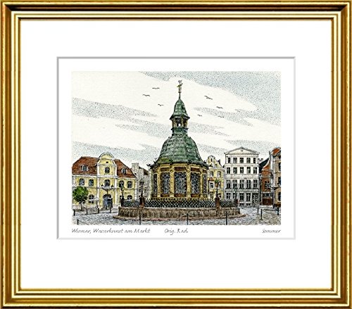 Kunstverlag Christoph Falk Handkolorierte Radierung Wismar, Wasserkunst am Markt im Rahmen Goldkehle hinter Passepartout von Kunstverlag Christoph Falk