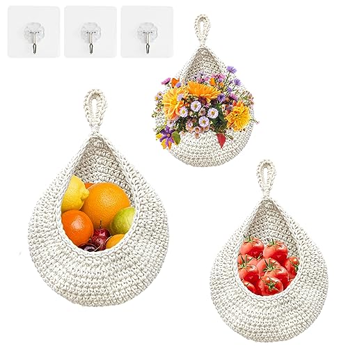 3 x hängende Obstkörbe für Küche, Tropfenform, Boho-Wandbehang, Halter mit Haken, Wandpflanzgefäße, handgewebt, Hängepflanzkorb, Dekoration für Gemüse, Zwiebeln, Kartoffeln, Aufbewahrung (weiß) von Kunyeah