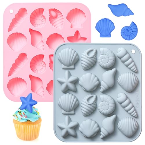 Kunyeah Silikonform mit Seestern-Muschel-Design, 16 Mulden, Mini-Muschelform, niedliche Cupcake-Dekoration, Basteln, Backform für Süßigkeiten, Kekse, 2 Stück von Kunyeah