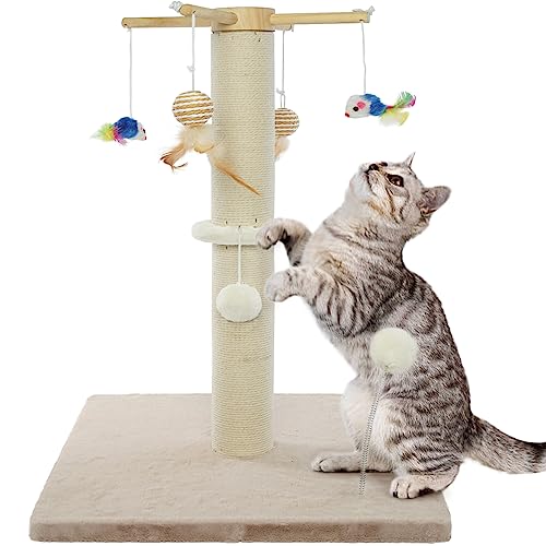 Kuoser 60cm Katzenkratzbäume, Natürliche Katzen-Sisalseil-Kratzstange mit Weicher Plüschbasis & Drehbarem Interaktivem Spielzeug, Vertikaler Katzenkrallen-Kratzer für Kleine Mittelgroße Katzen von Kuoser