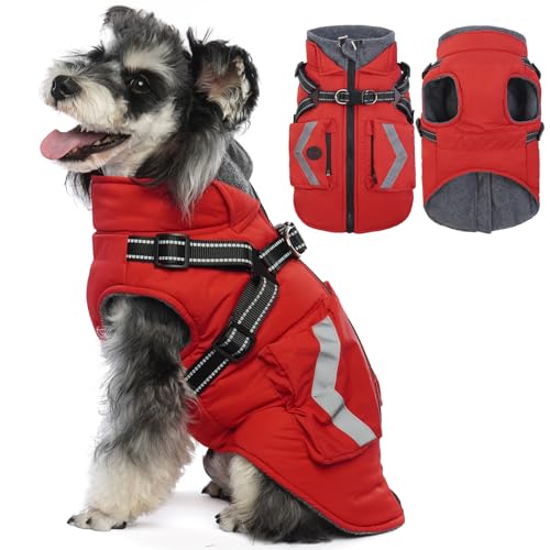 Kuoser Hundemantel,Hundemantel Für Kleine Hunde, Wasserdicht Hundemantel Winter, Hundejacke, Hundemantel Grosse Hunde, Hundemantel Mit Geschirr Rot XXL von Kuoser