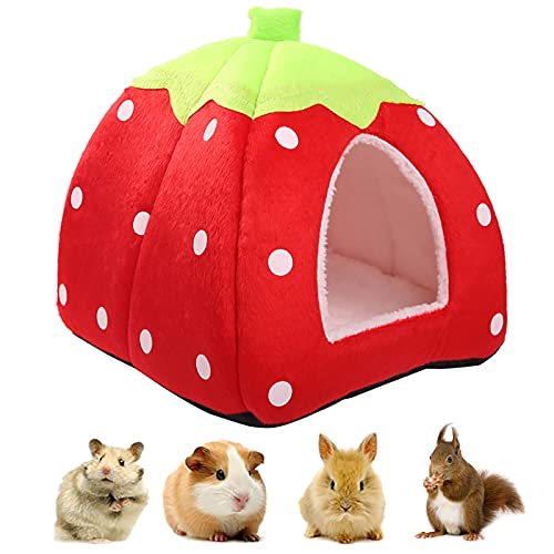 Kuoser Kleintier-Winterhaus, multifunktionales Warmes Bett, Erdbeer-Design, rutschfest, tragbar, Schlafsack mit Abnehmbarer Matte, Heimhöhle für Hamster Meerschweinchen Chinchilla Eichhörnchen Igel von Kuoser